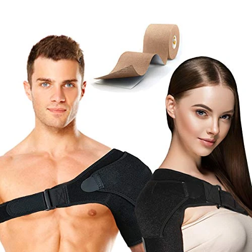 HOKI Shoulder Brace Support Men, Women for Rotator Cuff, Dislocated AC Joint, Labrum Tear, Shoulder Pain, Compression Sleeve, Breathable Neoprene, Adjustable Strap, Pressure Pad + Kinesiology Tape