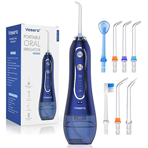 Cordless Water Flosser Professional Dental Oral Irrigator, Vosaro 300ml Portable & Rechargeable Water Flossers for Teeth, 5 Modes 7 Tips for Home,Travel, Braces and Bridges Care,IPX7 Waterproof, Blue