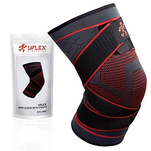 Uflex Athletics Knee Compression Brace for Men and Women - Non Slip Sleeve with Straps for Pain Relief, Meniscus Tear, Sports Safety in Basketball, Tennis - Single Wrap (Medium)