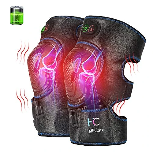 HailiCare Heated Knee Massager, Heat & Vabration Knee Brace Wrap Electric Heating Pad W/Rechargable 8.4V Lipo Battery Warm Therapy for Joint Pain, Cramps, Arthritis Meniscus Pain Relief (1 Pair)